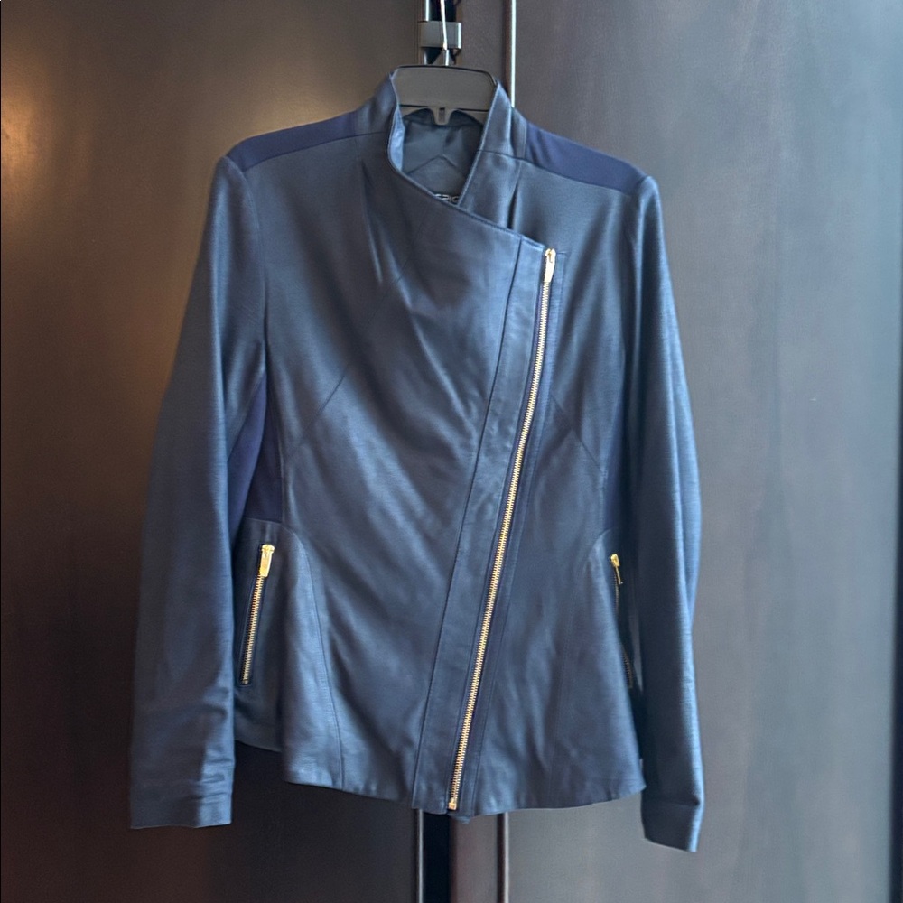 Via Spiga Blue Leather & Knit Peplum-Back Moto Jacket Size M - Picture 11 of 14